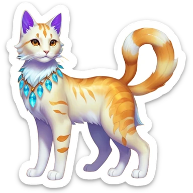This fascinating hybrid creature combines the crystalline structure of a feline with the warm autumn foliage of a leaf being. Its core body maintains the sleek shape of a cat but is composed of translucent crystals that shift between turquoise blue and amber-orange hues. The creature's face features a blend of feline features with the gentle expression of the leaf being – sharp crystalline ears frame a round, friendly face with glowing purple-amber eyes. Most striking is how autumn leaves emerge from its crystalline body, forming a mane-like collar around its neck and sprouting along its spine and tail. These leaves shimmer with both crystalline properties and natural autumn colors – orange, gold, and deep red – with visible veining that occasionally pulses with energy. When the creature moves, the leaves rustle softly while the crystal body catches light, creating a mesmerizing display of nature and gemstone elements. full body sticker
