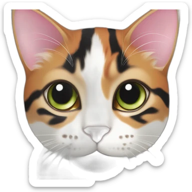young striped calico cat face with a pink nose, white chin, green eyes, and orange/brown markings sticker