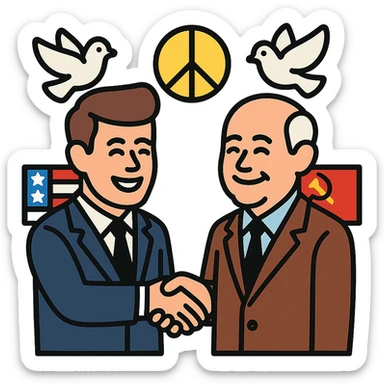 John F. Kennedy and Mikhail Gorbachev side by side, smiling, shaking hands, small peace symbol and doves, US and USSR flags as accents, friendly diplomatic atmosphere sticker