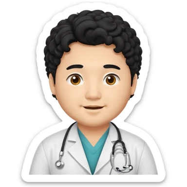 a young asian chubby male doctor with black long curly hair and cheerful face without gpasses sticker