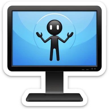 Minimalistic flat vector icon, iOS style, thin black contour on white background. Computer monitor showing a simple stickman character inside a game world. Clean, no text, no shadows sticker