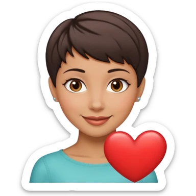 woman pixie cut dark brown hair, tan skin, brown oval eyes, heart shaped face sticker