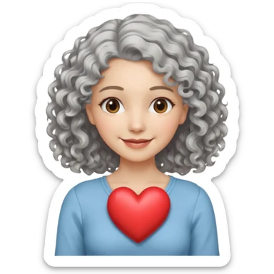 silvery curly/wavy shoulder-length hair smiling lady holding a heart thinner hair, different top sticker