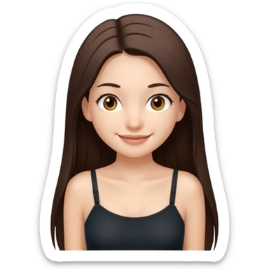 Waist-up girl standing straight on white background. Wearing a dark brown Skims spaghetti strap top. Very long straight brown hair with a center part. Brown eyes with long lashes. Smiling with braces. sticker