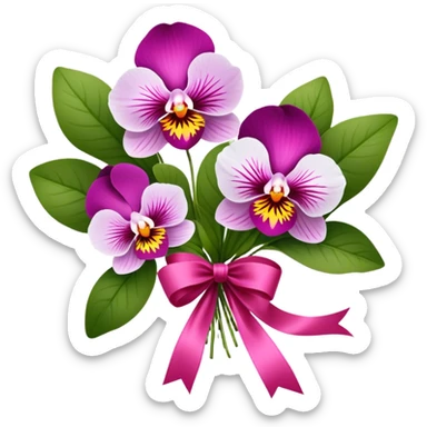 A bouquet of Orchid Pink pansies tied with a flowing Wild Strawberry ribbon. The vivid contrast of soft petals and bold silk creates a charming, romantic scene." sticker