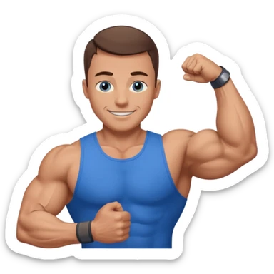 dad with very short shaved brown hair and blue eyes emoji with big muscles sticker