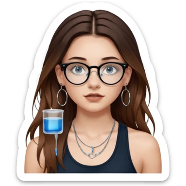 White girl with long brown hair, part going more to the RIGHT side, BLUE eyes, wearing BLACK plastic frame glasses that go from black to CLEAR ombré from top to bottom. SEPTUM nose piercing hoop, AND stud nose piercing on right side of nose. Wearing BLACK tank top. Wearing big hoop earrings  sticker