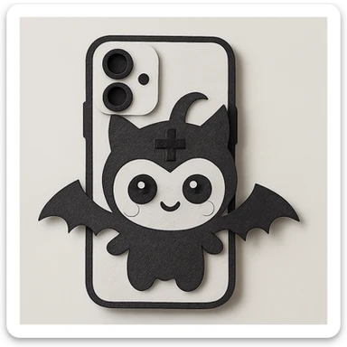 Change the color scheme to white and black, gothic kawaii phone case, big eyes, smiling, playful, cartoonish, gothic symbols, paper craft style, no background. sticker