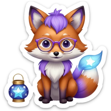 a small magical fox with shimmering purple and blue fur, a glowing fluffy tail, a silver star on its forehead, round glasses, and a tiny lantern. 😂 sticker