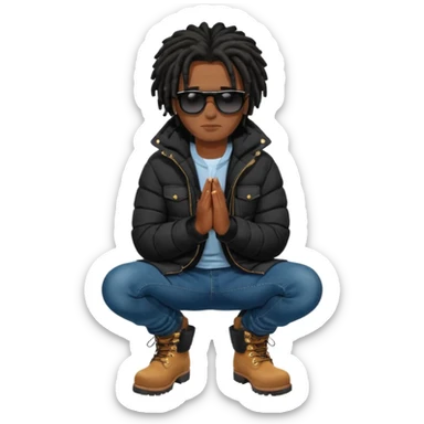 African American man brown skin complexion with black dreadlocks shoulder length wearing black bubble winter coat wearing black sunglasses with denim skinny jeans and timberland boots kneeling on one knee in prayer sticker