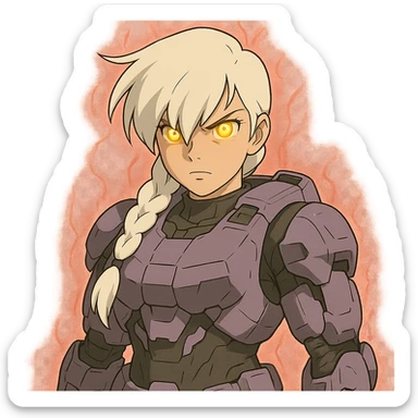 female, wearing reach spartan armor shoulder-unequip, long white braid hair with massive messy front side single bangs, gold yellow eyes, attention pose, D-cup size, HALO:series, no helmet, the armor is lavender color scheme, eyes glowing, demon eye, gleam, rage aura, body steaming sticker