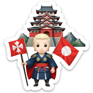 Japanese Castle Lord, Lord standing before a Japanese castle backdrop, holding a banner with family crest. sticker