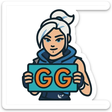 Resize the image to 500x500 pixels and ensure the file size is under 1 MB. Keep Jett from Valorant holding 'GG' text vibrant and energetic in a lineal color icon style with black outlines. sticker