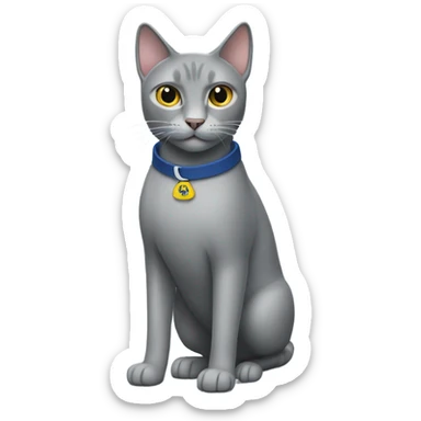 A gray cats full body standing wearing a best buy polo sticker