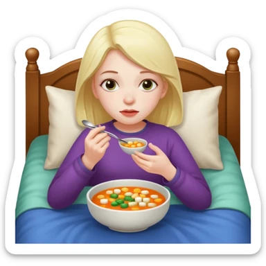 tazita de sopa, pastillas al lado y una chica en una cama sticker