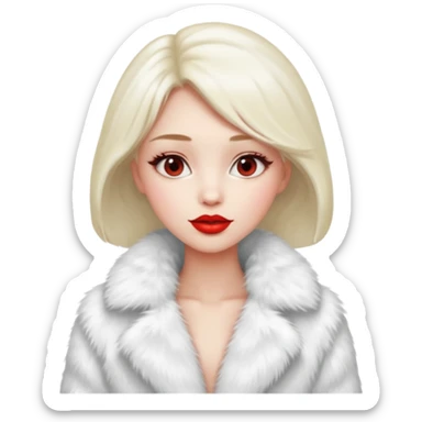 A beautiful, cute girl with red lipstick on her lips in a white fur coat,  in full view sticker