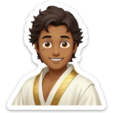 Cinematic Realistic Hercules Portrait, head tilted dramatically with an exaggeratedly amused expression, featuring expressive eyes and a hint of a roguish smile. His bronze, marble-like skin and thick, wavy dark hair, rendered with classical artistry, complement his flowing white robe adorned with delicate golden accents, all brought to life with dynamic natural lighting that captures a rare, playful moment from an enduring legend. sticker