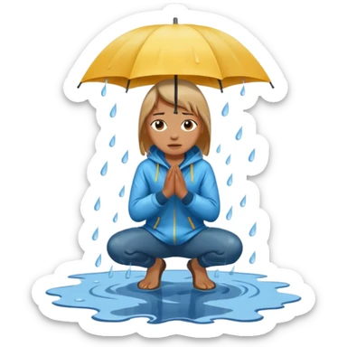 Character kneeling as rain hits the ground, one drop splashing exaggerated sticker