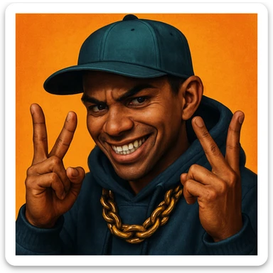 Make this character look more realistic, keeping the devious expression and YVL hand sign on both hands, urban street style, detailed shading, lifelike features. Maintain the original style's essence but enhance realism and detail. sticker