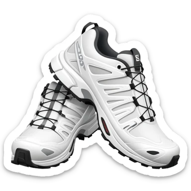 Bare minimum stylized white Salomon XT-6 sneakers in pure iOS emoji style, extremely clean lines, simplified shapes, one shoe behind the other, flat white design sticker