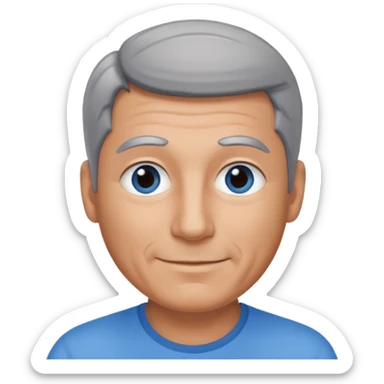 Middle aged man with tanned skin, little black to grey hair and no beard, blue eyes, shy smile sticker