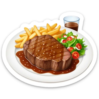 big juicy australian steak meal featuring chips, small salad in a ramiken and gravy  sticker