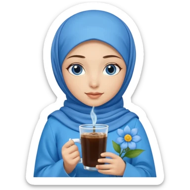 Turkish beautiful finish Konya girl blue eyes with blue hijab islamic dress and had on her hand blue flower in cold brew coffee  sticker