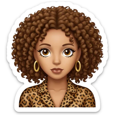 Melanie Brown with brown curls wearing leopard sticker