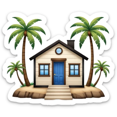 A full square 1 by 1   white and blue stripe house horizontally with brown wooden door on a island with palm trees  sticker