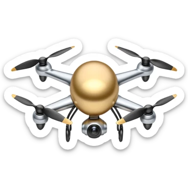 A futuristic drone emoji made of polished silver chrome, smooth rounded body, minimal propellers, reflective metallic surface, soft studio lighting, iOS emoji style, centered, clean white background sticker