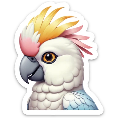 Cinematic Noble Cockatoo Portrait Emoji, Poised and regal, with a striking, crest-adorned head of brilliant white and pastel hues, a robust, curved beak, and piercing, intelligent eyes, Simplified yet sharp and sophisticated features, highly detailed, glowing with a soft, tropical luminescence, high shine, intelligent and majestic, stylized with an air of avian elegance, focused and alert, soft glowing outline, capturing the essence of a watchful and confident cockatoo that appears ready to unfurl its crest out of the screen with effortless authority! sticker