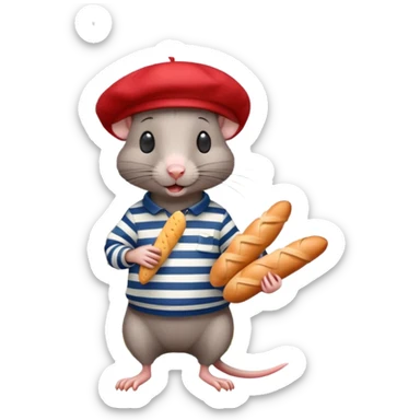 Rat wearing a beret and striped shirt holding a baguette with Eiffel Tower in background sticker