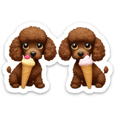 Two brown toy poodles. One is smaller than the other one. One is eating ice cream, the other one is watching sticker