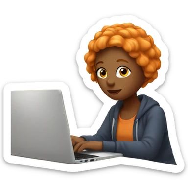 Orange haired Girl working on a laptop in cozy room sticker