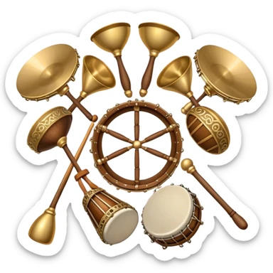 Create a heraldic, festive, and professional emblem-like emoji representing percussion instruments. The design should resemble a traditional crest, featuring a range of percussion instruments like cymbals, triangle, tambourine, maracas, timpani, and other traditional and folk percussion instruments. Arrange them symmetrically, with elements like cymbals crossing each other, a triangle at the center, and timpani or drums flanking the sides. The instruments should be depicted with metallic and wooden tones—shiny brass for cymbals, silver for the triangle, and rich wood or polished bronze for drums. Include ornate details like engraved patterns on the instruments, decorative swirls or laurels, and subtle accents to add elegance and festivity to the composition. The overall design should be cohesive, balanced, and visually striking, suitable for use as a prestigious emblem. The background should be transparent. sticker