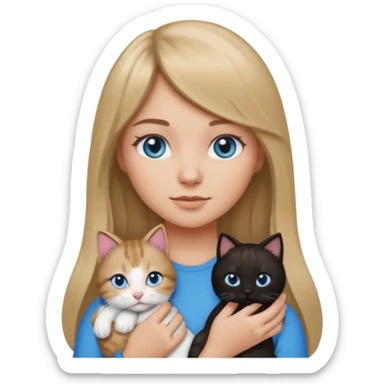 Apple-style emoji sticker of a young woman with long dark blond hair and bang, blue eyes , holding a kitty with black and white patch on her chest.  sticker
