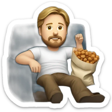 tim heidecker with a beard lazy lounging on couch holding a plastic bag of walnuts sticker