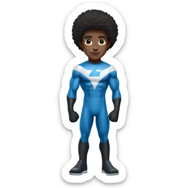 A full body Muscular Afro teenage boy standing in a Blue Mr. Fantastic superhero costume with a backward number 4 on the chest. sticker