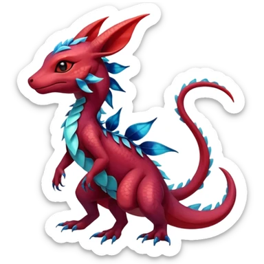 Anthropomorphic Scaley Shiny Red Maroon Sanguine Iridescent Colorful Exotic Salandit-Aurorus-Glaceon-Fakémon-hybrid-creature (full body)  sticker