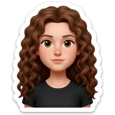 white girl with long brown curly hair and  brown eyes with a black shirt sticker