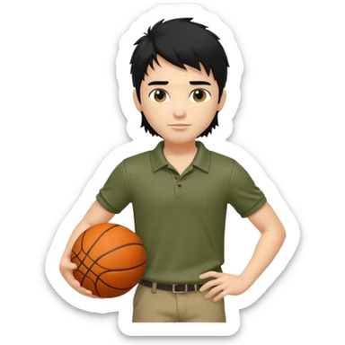 generate a pretty fair bratz boy with a long messy mullet (black hair), carrying a basketball in one hand. Smirking .  Wearing an olive polo shirt. Lean but biceps sticker