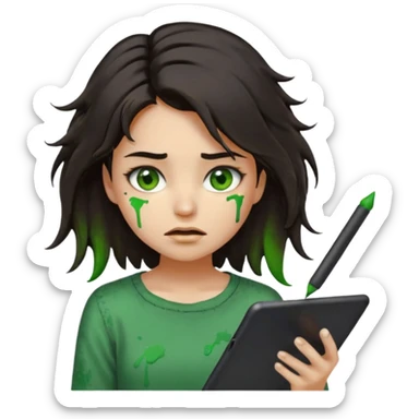 emoji holding and drawing on tablet using a stylus, looking down at screen in frustration, female, messy dark hair, green eyes, alternative/grunge style, screen slightly visible with splashes of color like a paint palette  sticker