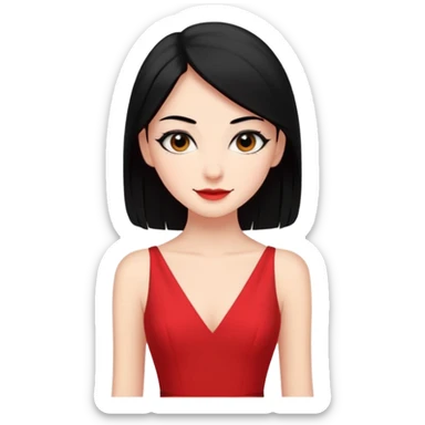 Chica súper joven y delgada con delineado con vestido rojo escotado en la espalda y pelo semi largo negro, con sonrisa coqueta sticker