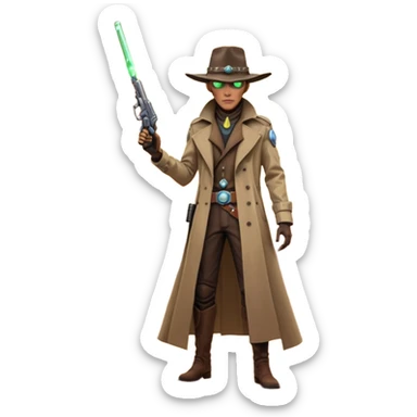 A tall alien cowboy standing in a dusty desert on an alien planet, wearing a futuristic cowboy hat and long trench coat, glowing eyes, twin plasma revolvers on his belt, dramatic sunset, cinematic lighting, ultra realistic, high detail, epic sci-fi western atmosphere

 sticker