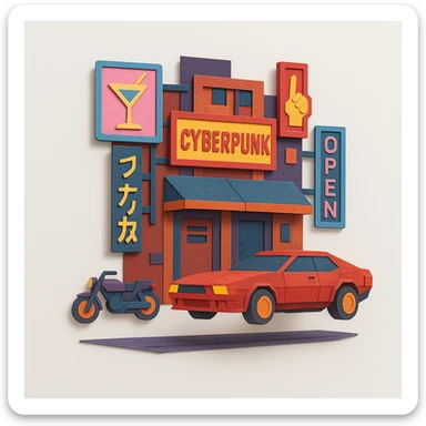 cyberpunk 2077 street scene with layered neon signs and futuristic vehicles, paper craft style sticker