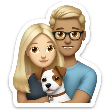 Blonde girl and her white boyfriend with brown hair and glasses cuddling a jack Russell  sticker