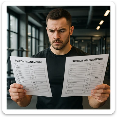 Uomo in palestra che confronta due schede di allenamento, entrambe scritte in italiano, abbigliamento sportivo, ambiente moderno, dettagli iperrealistici 4K, espressione concentrata. sticker