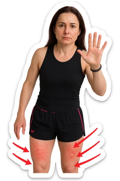 Donna con cellulite sulle cosce indica le cosce che sono infiammate di cellulite con frecce ad indicare  sticker