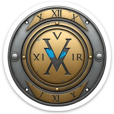 a steel badge with engraved roman numerals—looks battle worn sticker