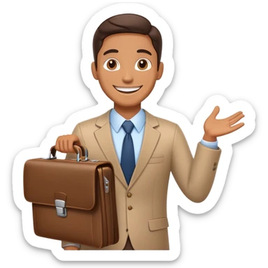 Friendly salesman with briefcase presenting product sticker